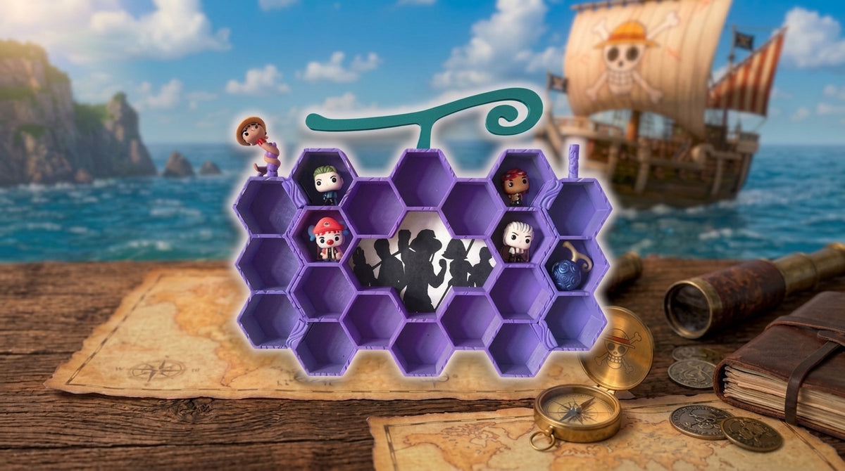 Expositor Goma Goma morado de La3Dcueva con mini figuras de One Piece y compartimentos hexagonales